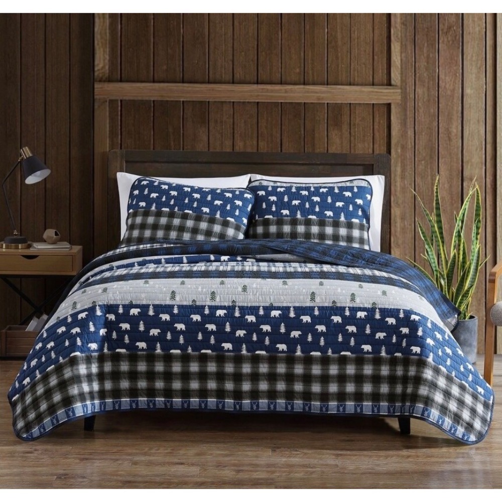 Eddie Bauer Home Reversible Bear Plaid Quilt Set King Blue Grey Cotton 2 Shams